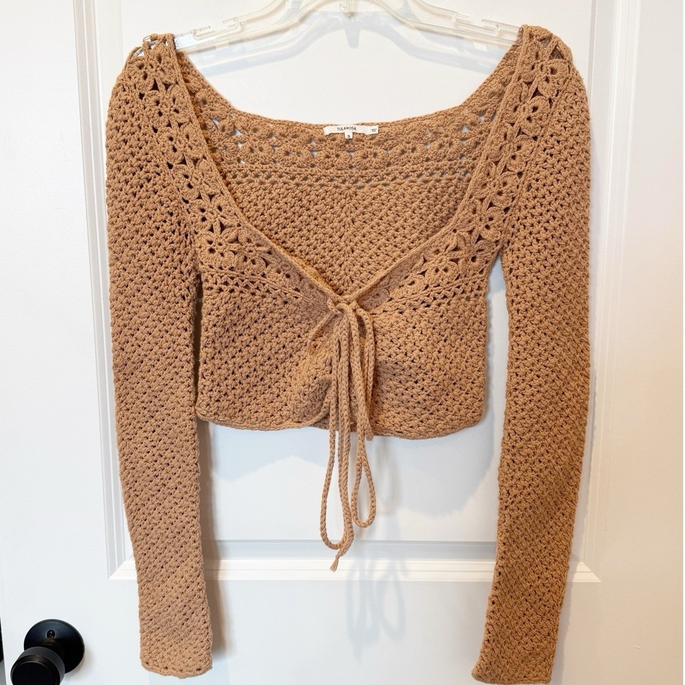 Tularosa Crochet Front Tie Cardigan Small Brown Boho Festival Open Knit Beachy